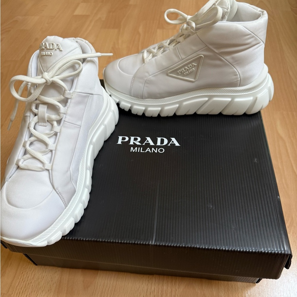 Prada Women’s Nylon Lace-Up Mid-Top White Sneakers Size 37 NEW